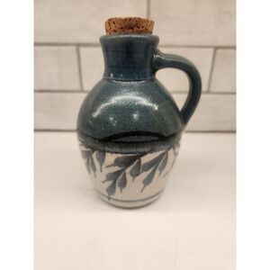 Vintage Emerson Creek Pottery Jug Blue White Leaves‎ Handle With Cork Stopper